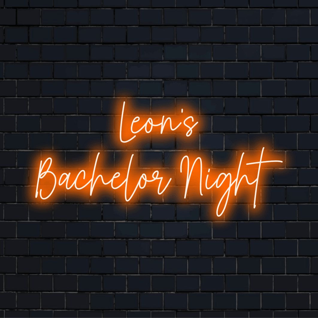 Leon_s Bachelor Night Personalized Neon Light with glowing neon text against black brick wall