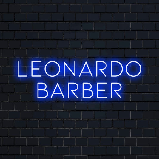 Leonardo Barber Personalized LED Neon Sign, soft neon glow on dark brick wall