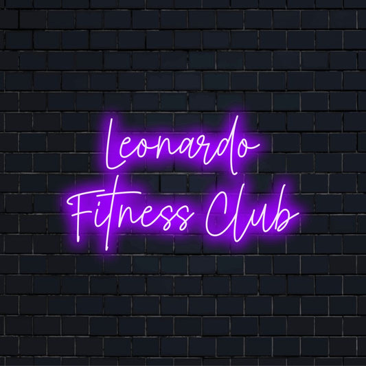 Leonardo Fitness Club Personalized Neon Light with bright neon glow on dark brick wall