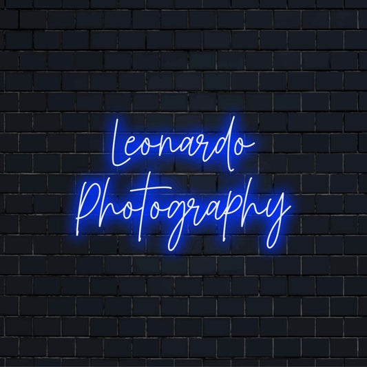 Leonardo Photography Custom Name Neon Sign, neon text light on dark brick wall