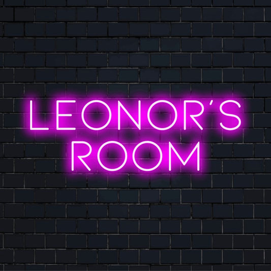 Leonor_s Room Custom Name Neon Sign, glowing wall decor on dark brick background