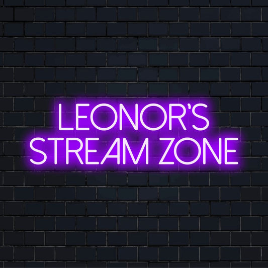 Leonor_s Stream Zone Personalized LED Neon Sign, soft neon glow on dark brick wall