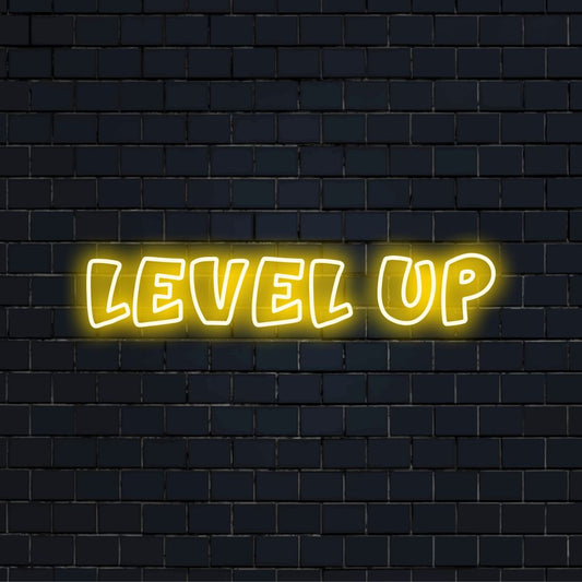 Level Up Neon Sign, glowing neon text on black brick background