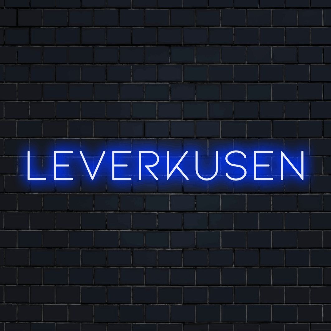 Leverkusen Neon Sign, glowing wall decor on black brick background