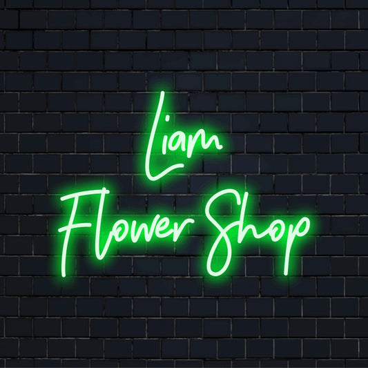 Liam Flower Shop Custom Name Neon Sign, bright neon glow on black brick background