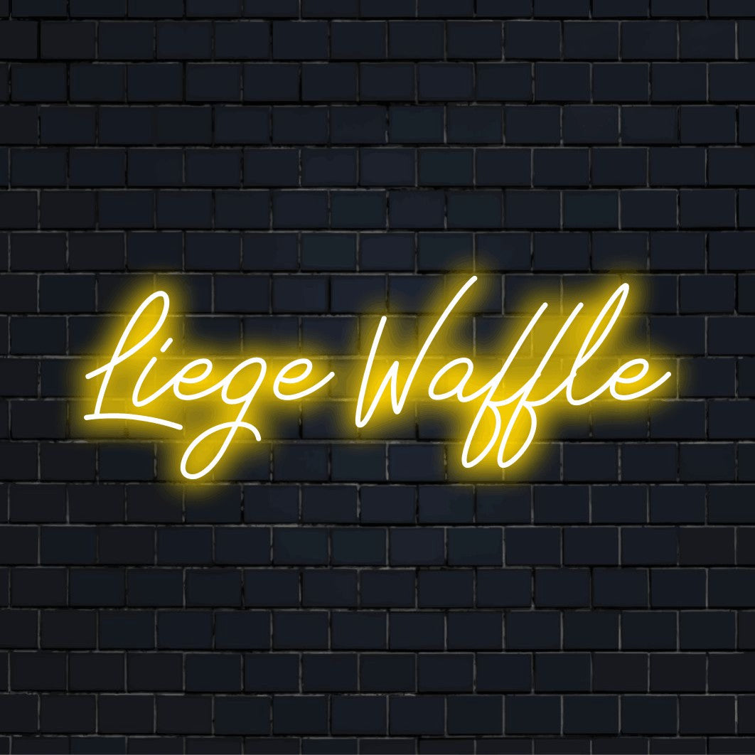 Liege Waffle Neon Light with glowing neon text on black brick background