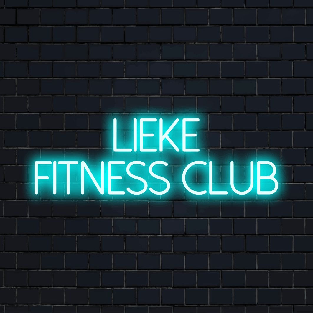 Lieke Fitness Club Custom Name Neon Sign, bright neon lettering against brick backdrop