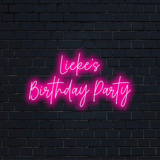 Lieke_s Birthday Party Personalized LED Neon Sign, glowing neon text on dark brick background