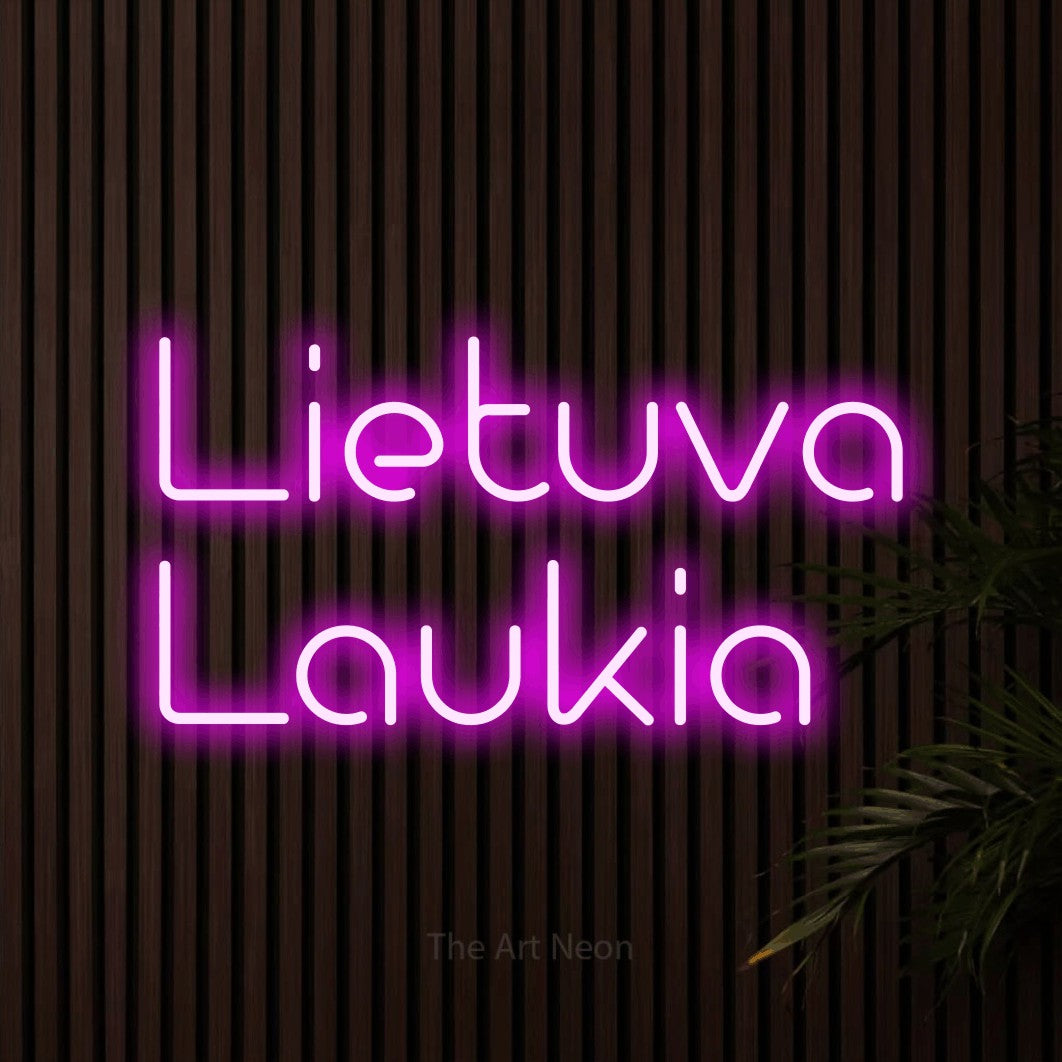 LED neon sign reading “Lietuva Laukia”, arranged in two lines.