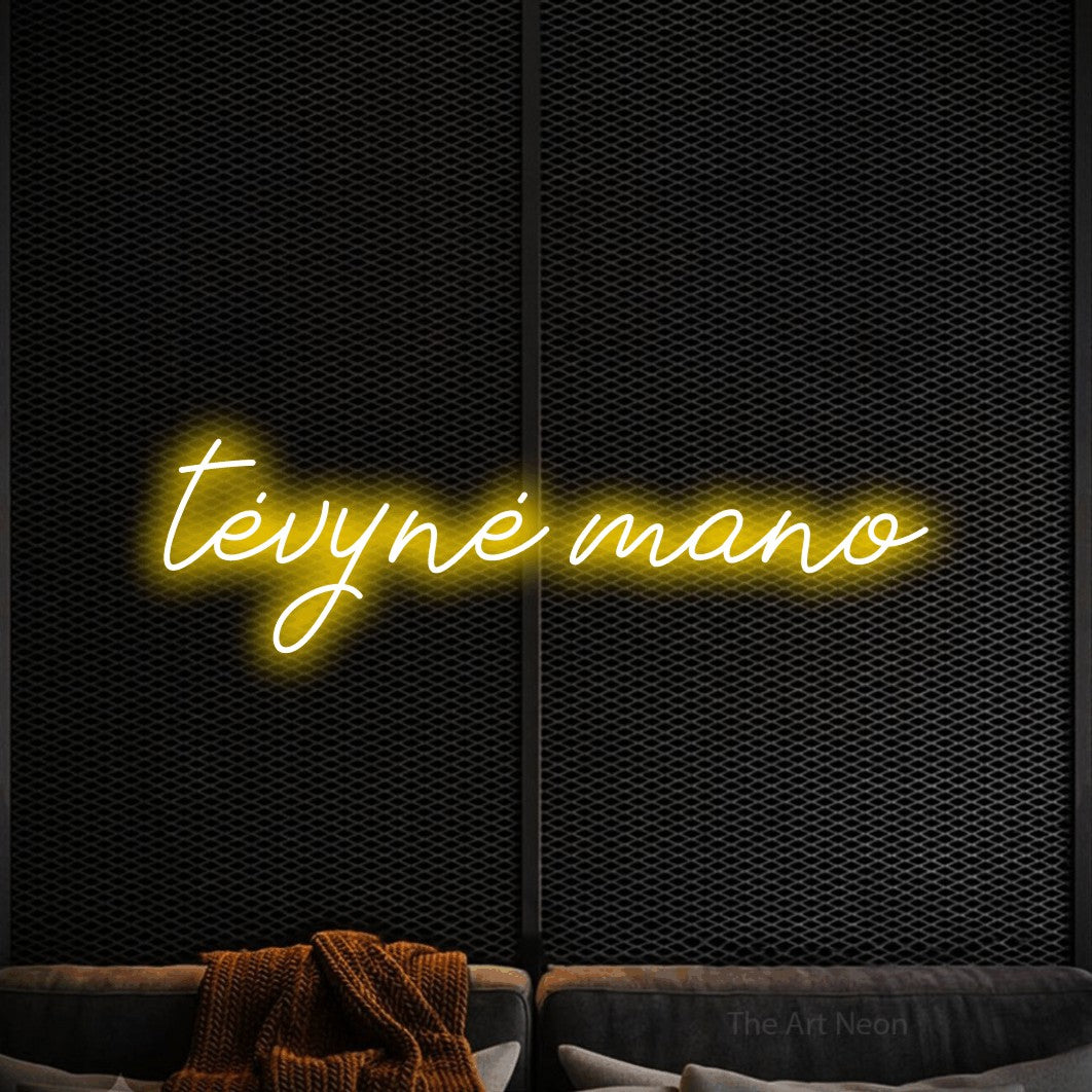 LED neon sign reading “tėvynė mano”, arranged in a single line.