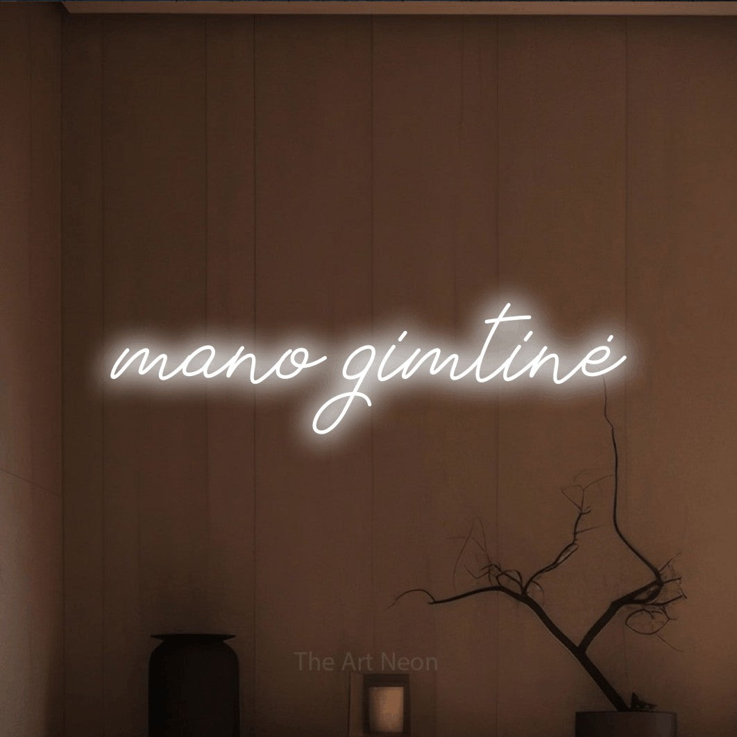 LED neon sign reading “mano gimtinė”, arranged in a single line.