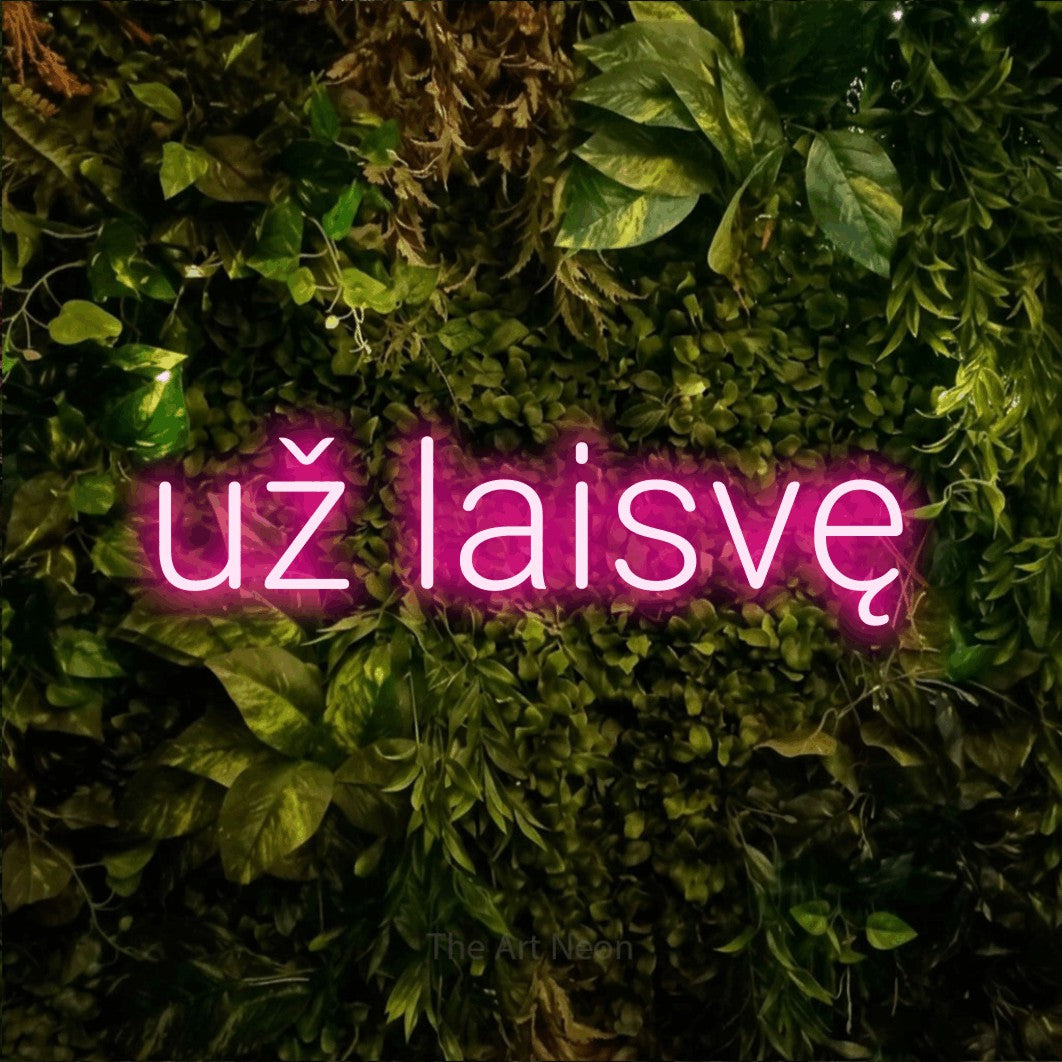 LED neon sign reading “už laisvę”, arranged in a single line.