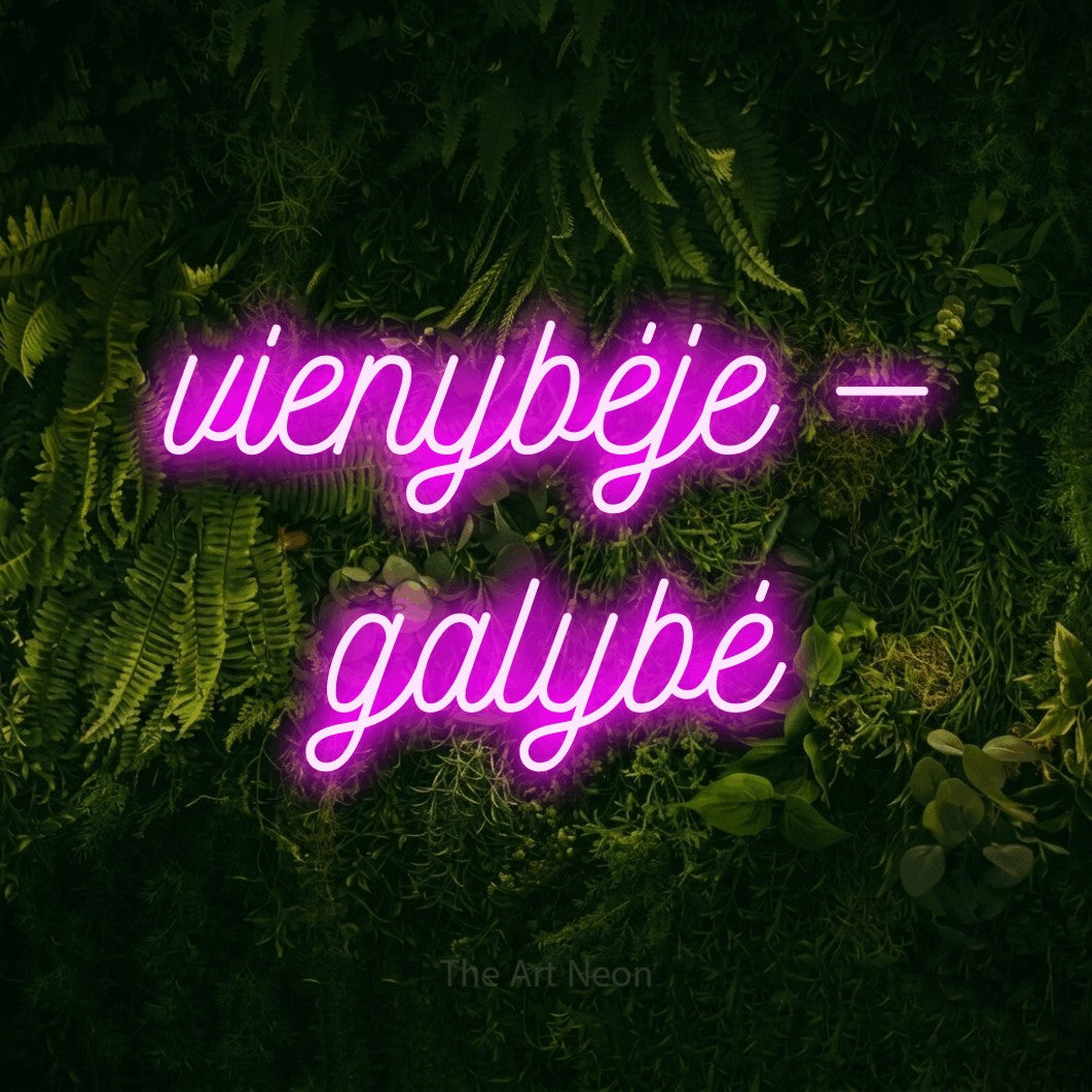 LED neon sign reading “vienybėje — galybė”, arranged in two lines.