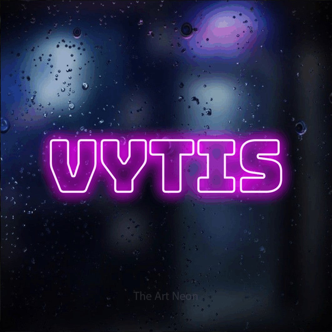 LED neon sign reading “vytis”, arranged in a single line.