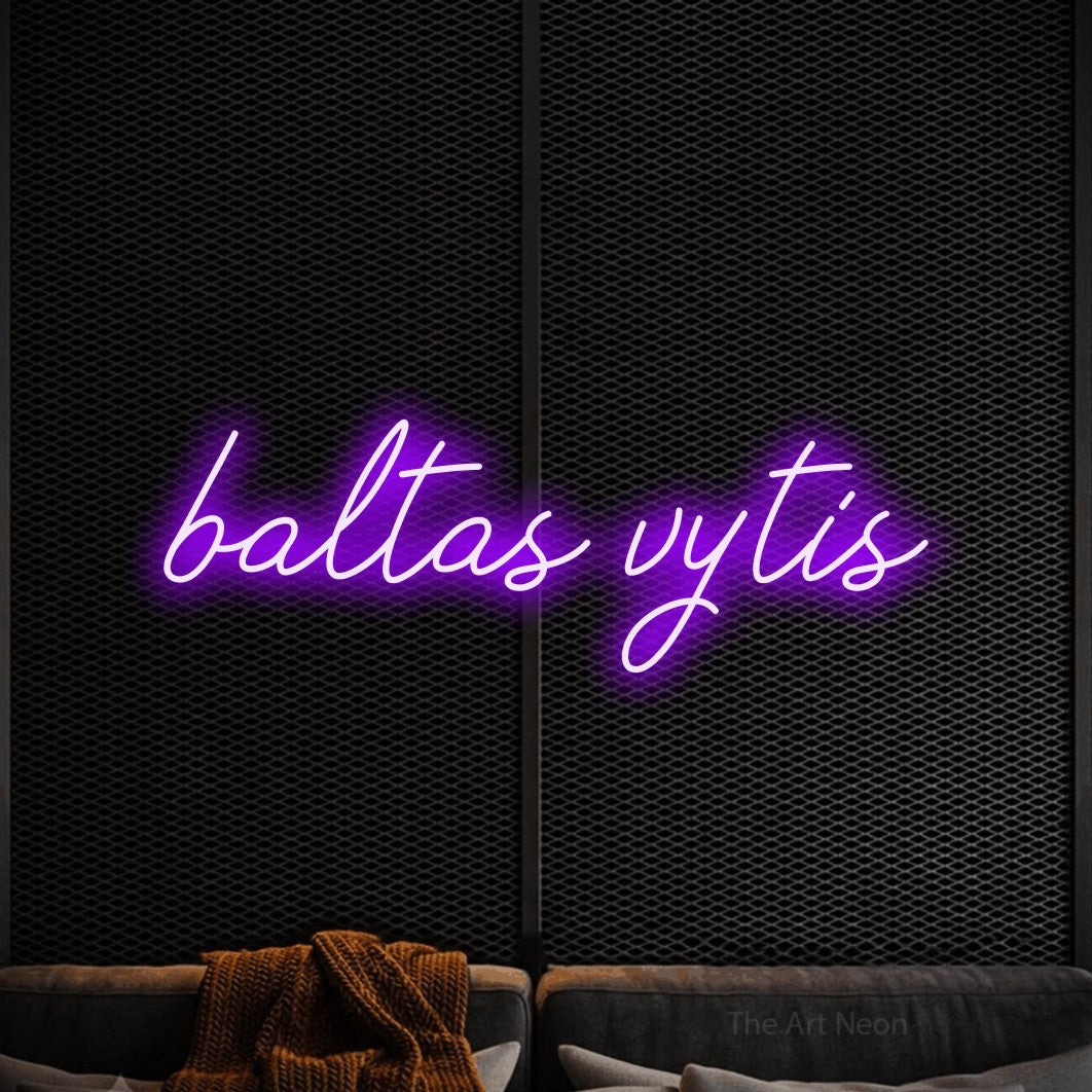 LED neon sign reading “baltas vytis”, arranged in a single line.