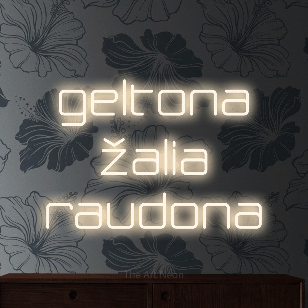 LED neon sign reading “geltona žalia raudona”, arranged in three lines.