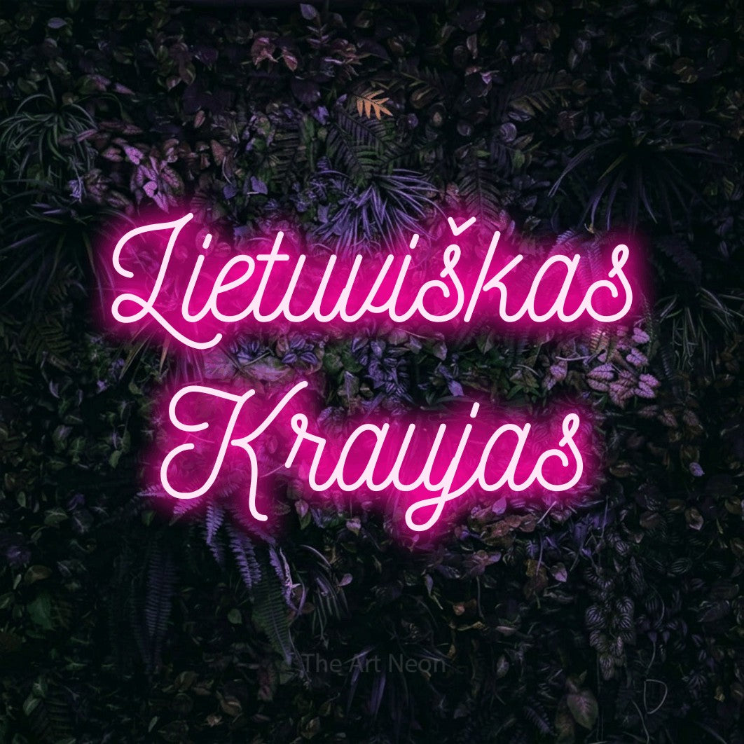 LED neon sign reading “Lietuviškas Kraujas”, arranged in two lines.