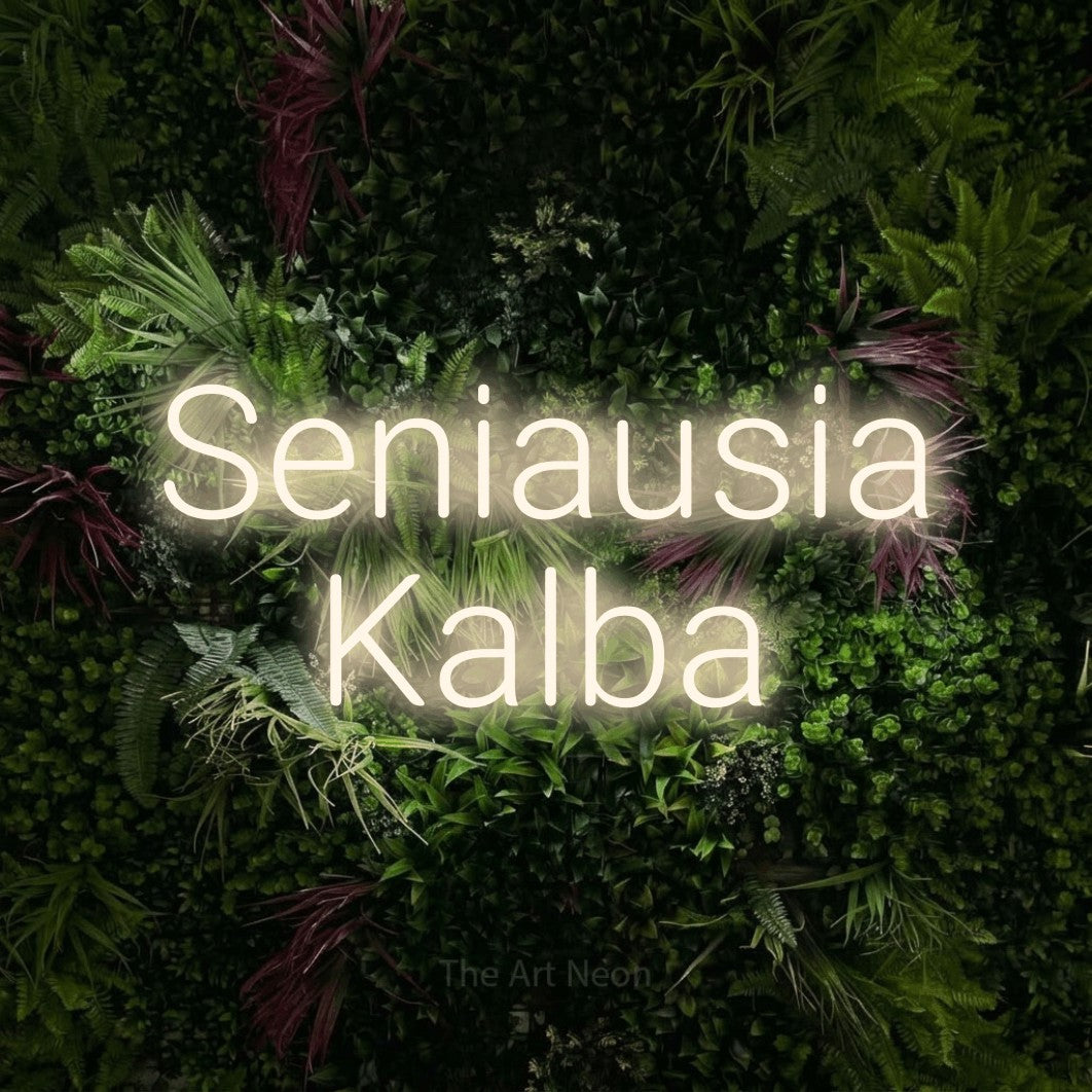 LED neon sign reading “Seniausia Kalba”, arranged in two lines.