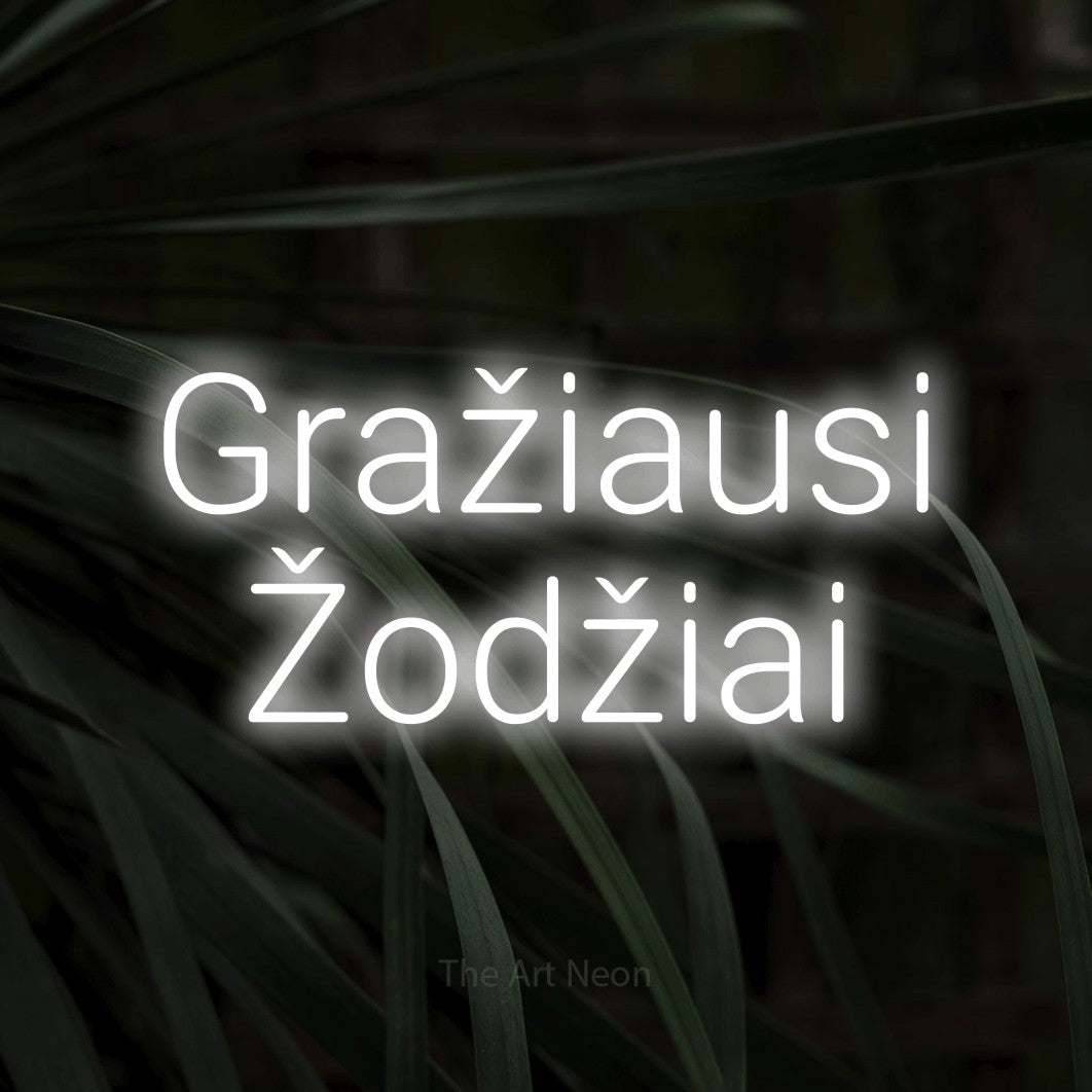 LED neon sign reading “Gražiausi Žodžiai”, arranged in two lines.