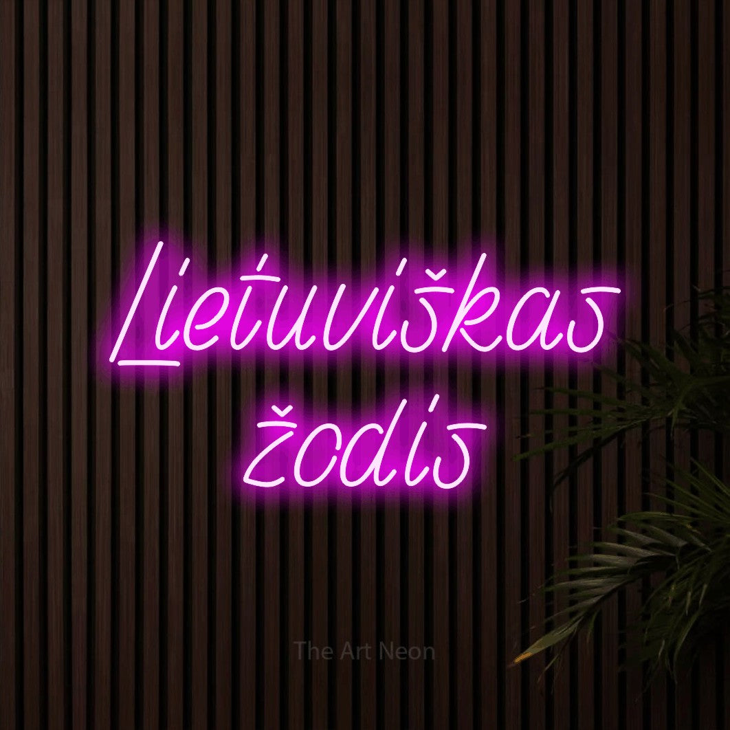 LED neon sign reading “Lietuviškas žodis”, arranged in two lines.