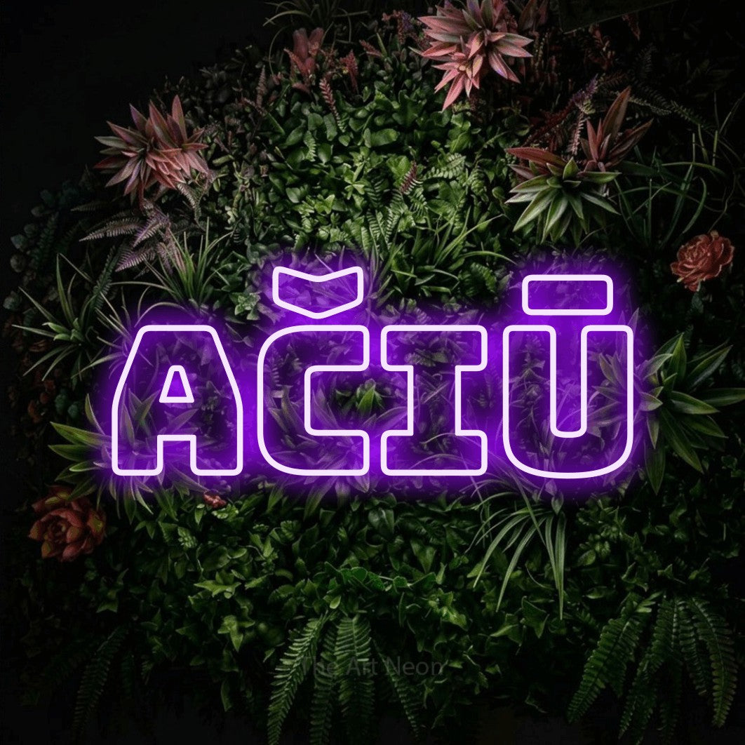 LED neon sign reading “ačiū”, arranged in a single line.