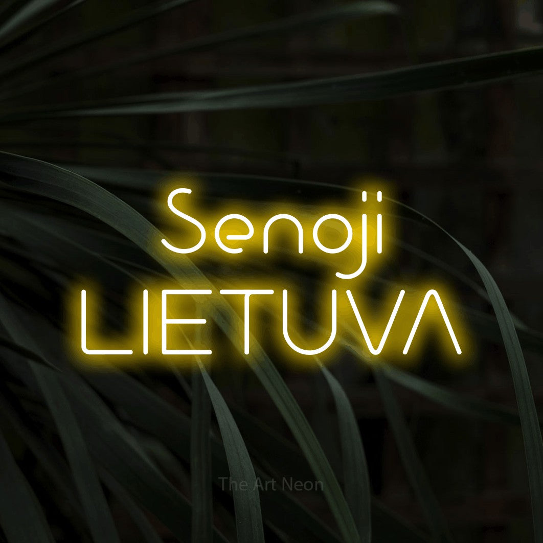 LED neon sign reading “Senoji LIETUVA”, arranged in two lines.
