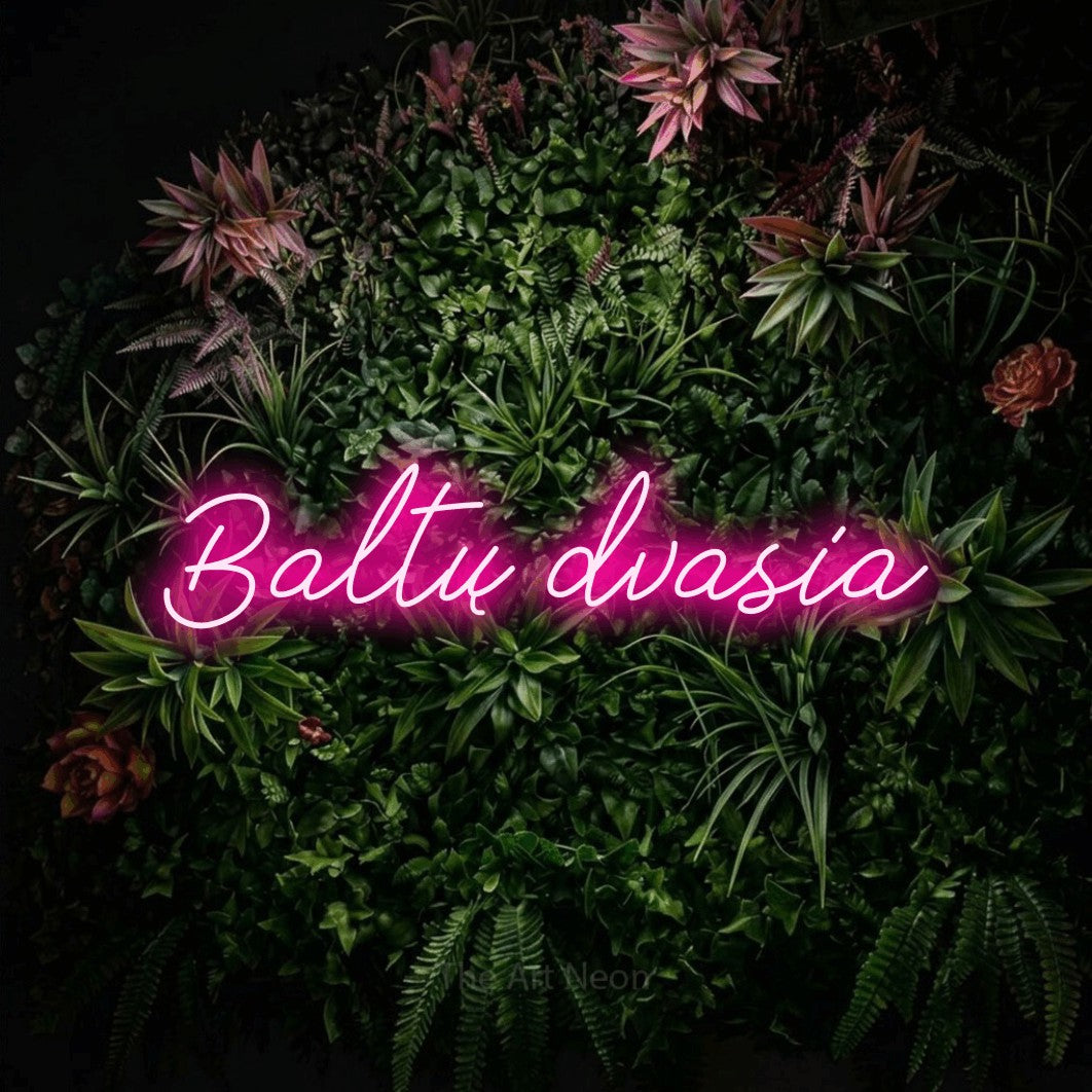 LED neon sign reading “Baltų dvasia”, arranged in a single line.