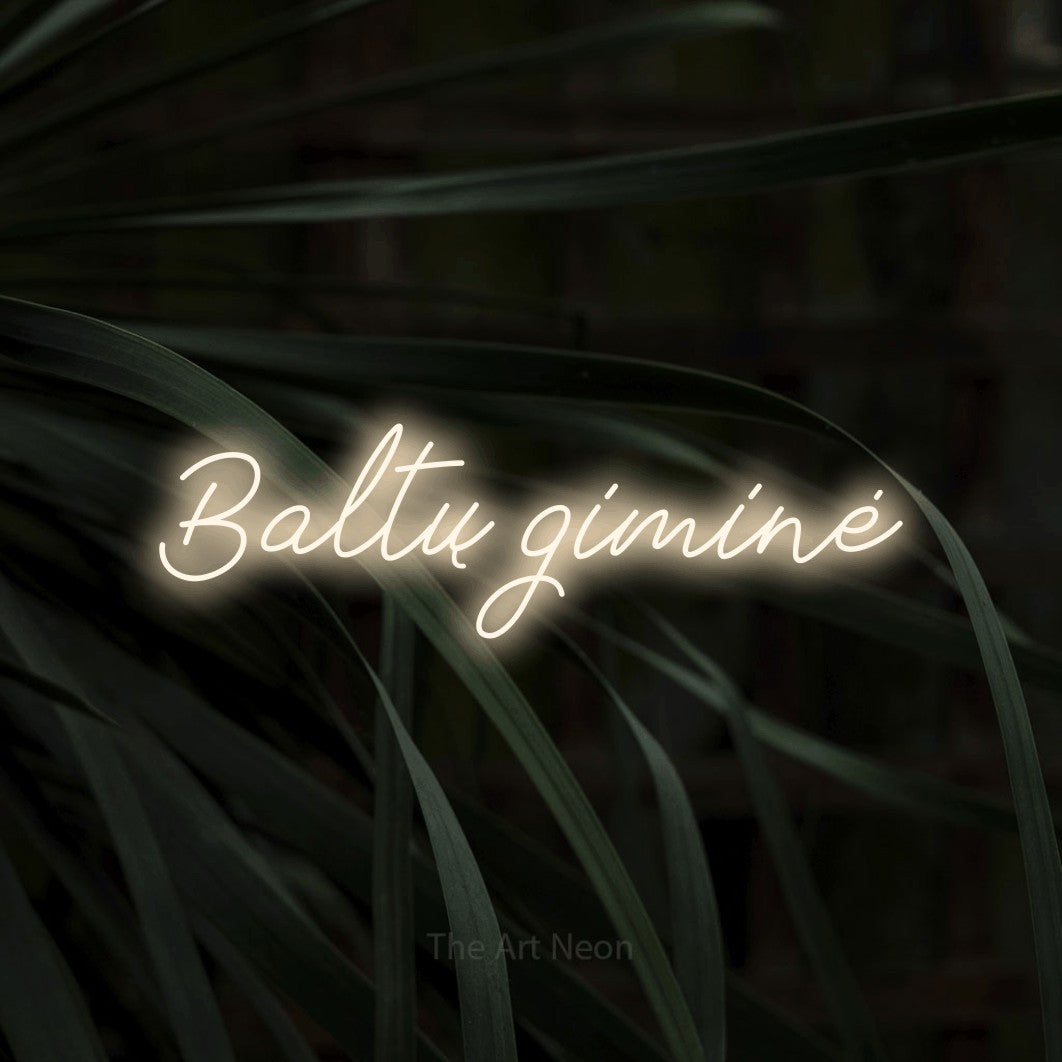 LED neon sign reading “Baltų giminė”, arranged in a single line.