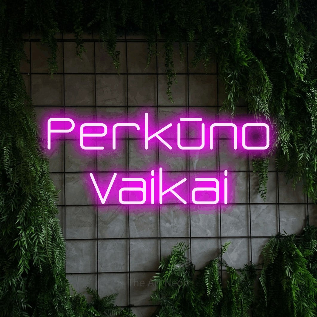 LED neon sign reading “Perkūno Vaikai”, arranged in two lines.