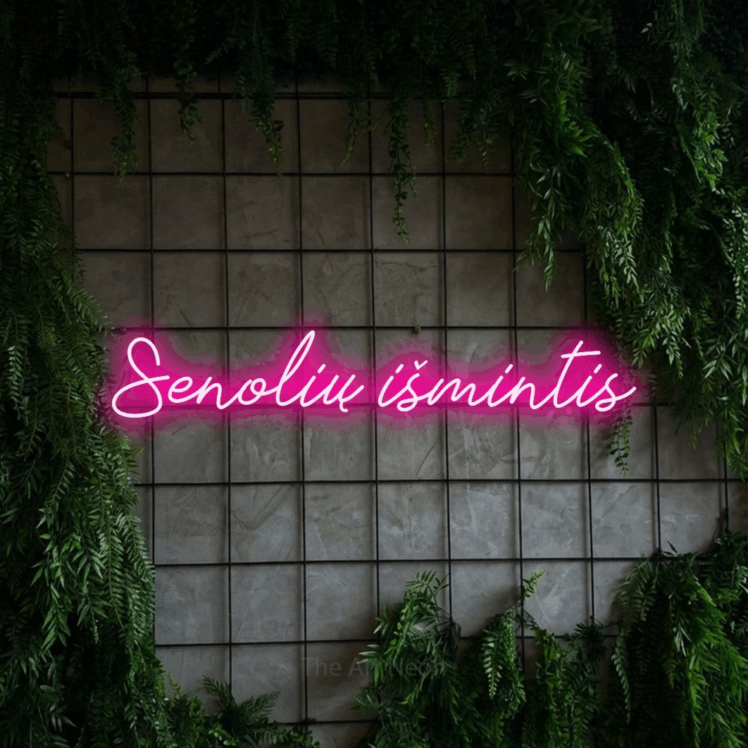 LED neon sign reading “Senolių išmintis”, arranged in a single line.