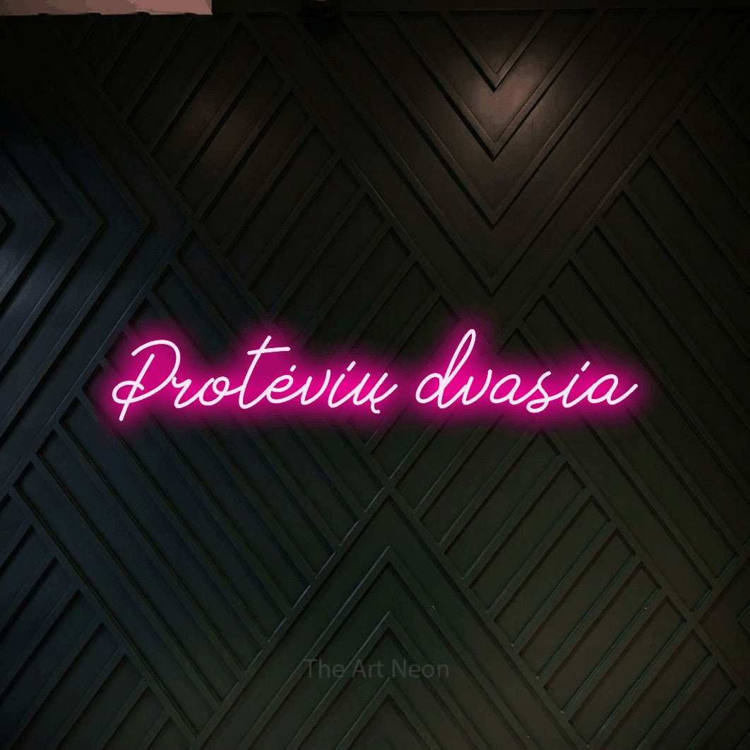 LED neon sign reading “Protėvių dvasia”, arranged in a single line.