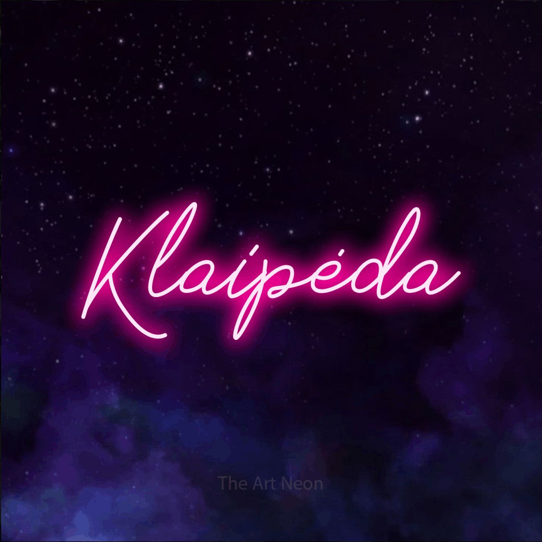 LED neon sign reading “Klaipėda”, arranged in a single line.