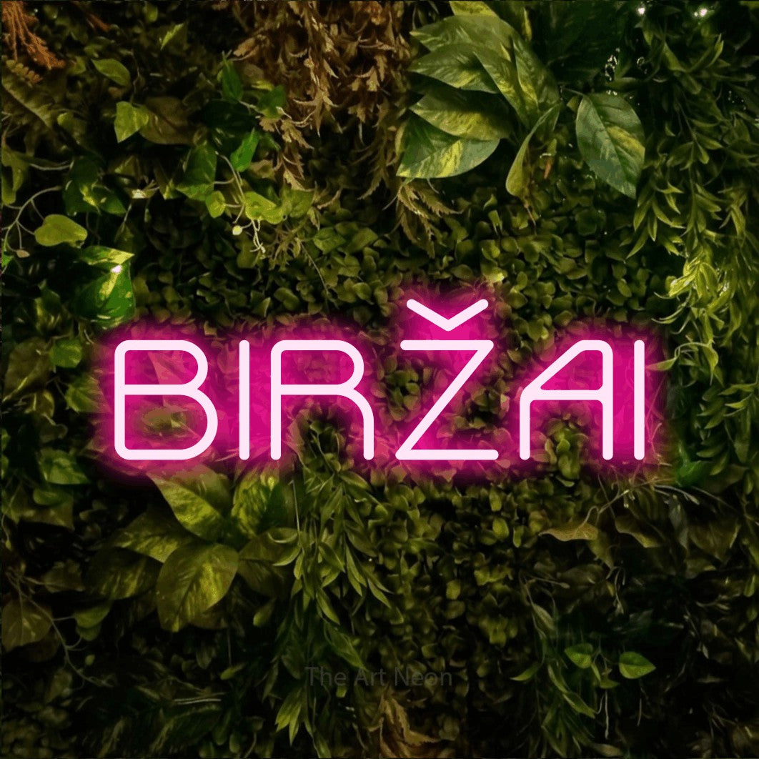 LED neon sign reading “BIRŽAI”, arranged in a single line.