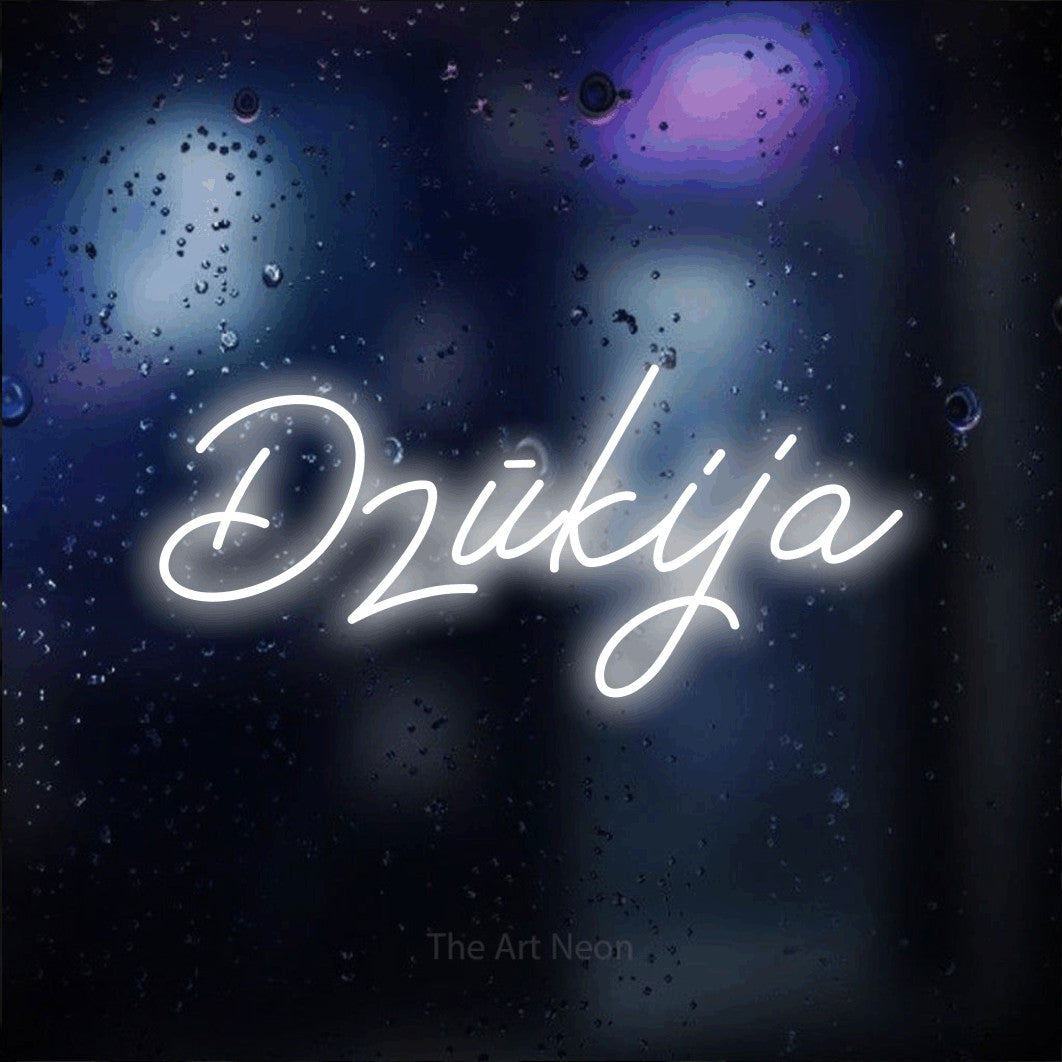 LED neon sign reading “Dzūkija”, arranged in a single line.