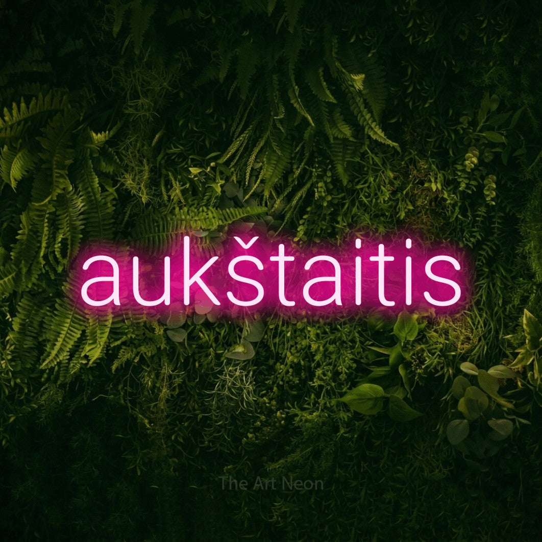 LED neon sign reading “aukštaitis”, arranged in a single line.