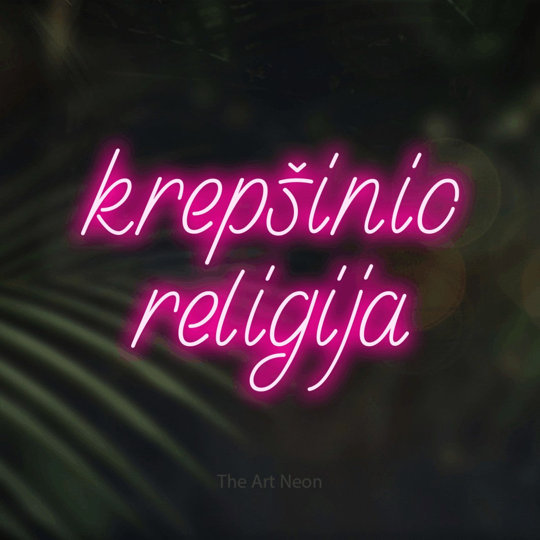 LED neon sign reading “krepšinio religija”, arranged in two lines.
