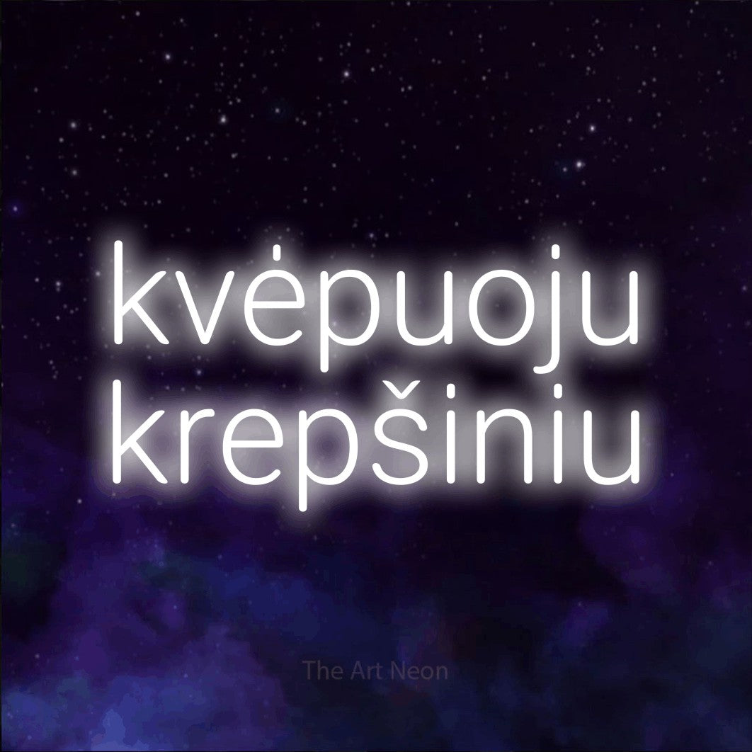 LED neon sign reading “kvėpuoju krepšiniu”, arranged in two lines.