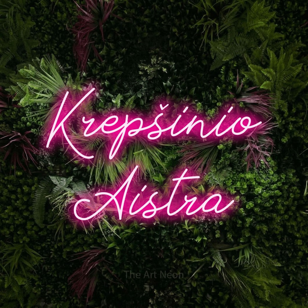 LED neon sign reading “Krepšinio Aistra”, arranged in two lines.