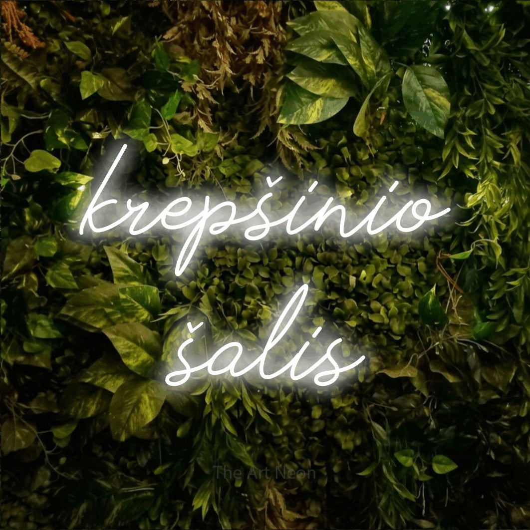 LED neon sign reading “krepšinio šalis”, arranged in two lines.