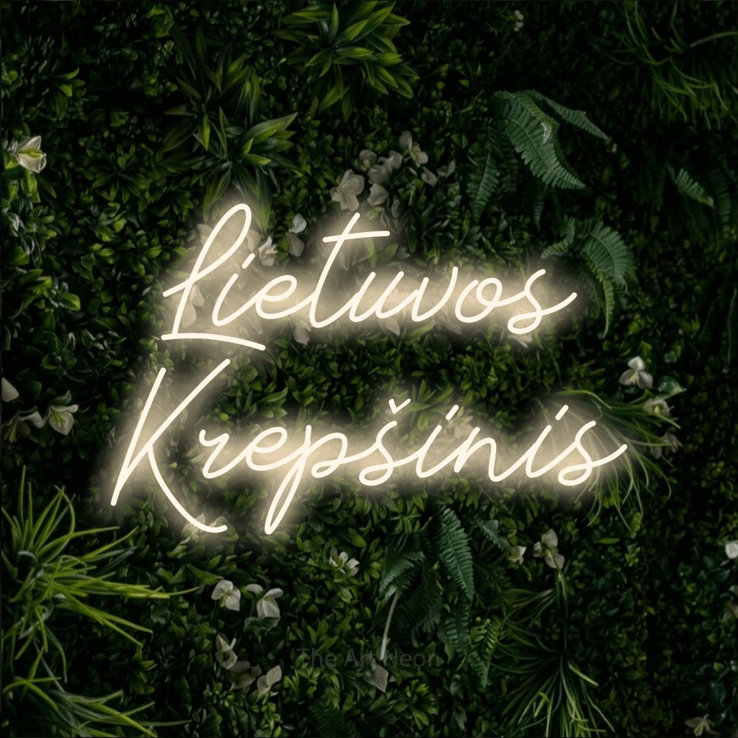 LED neon sign reading “Lietuvos Krepšinis”, arranged in two lines.