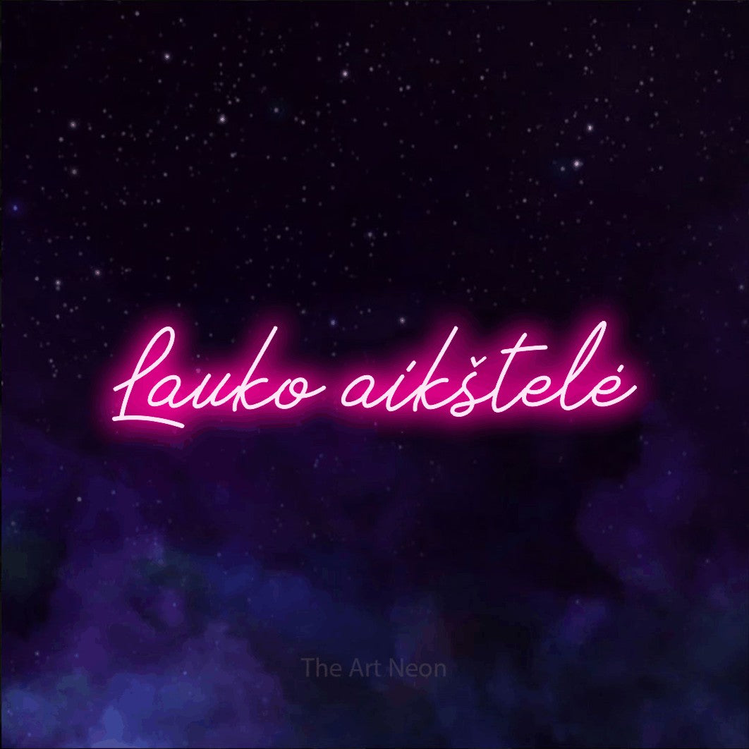 LED neon sign reading “Lauko aikštelė”, arranged in a single line.