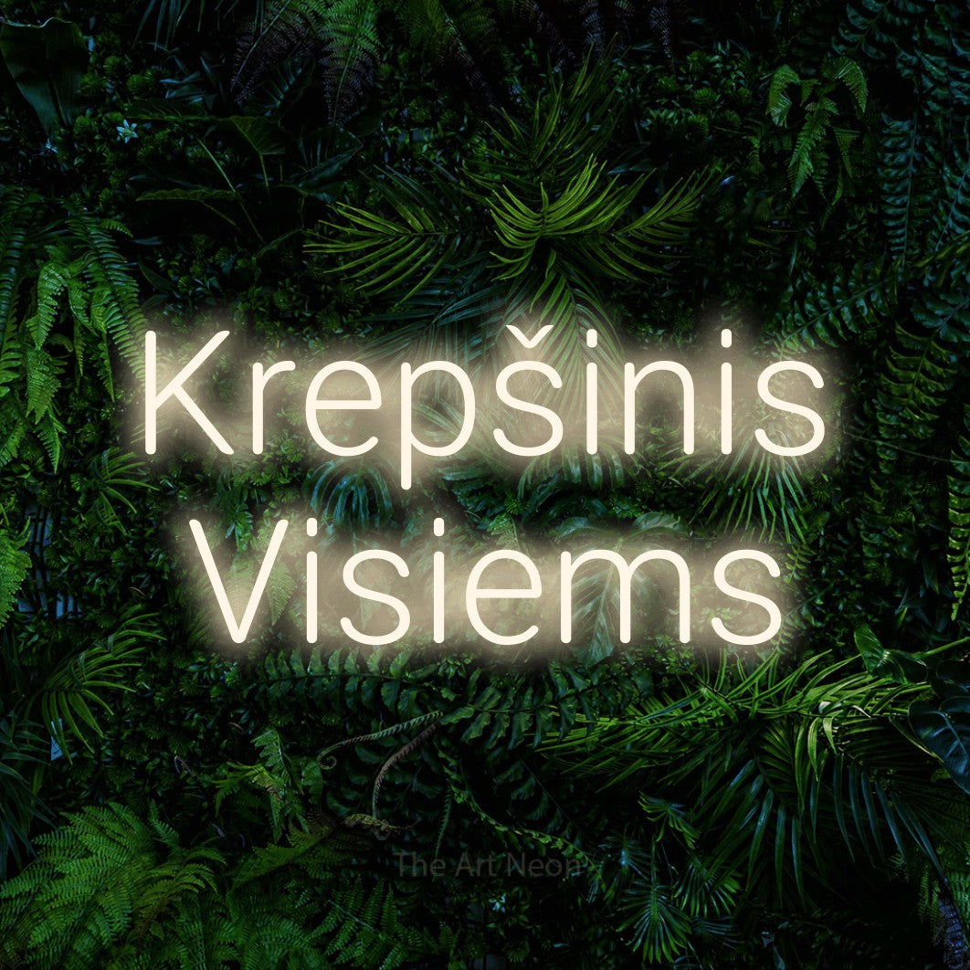 LED neon sign reading “Krepšinis Visiems”, arranged in two lines.