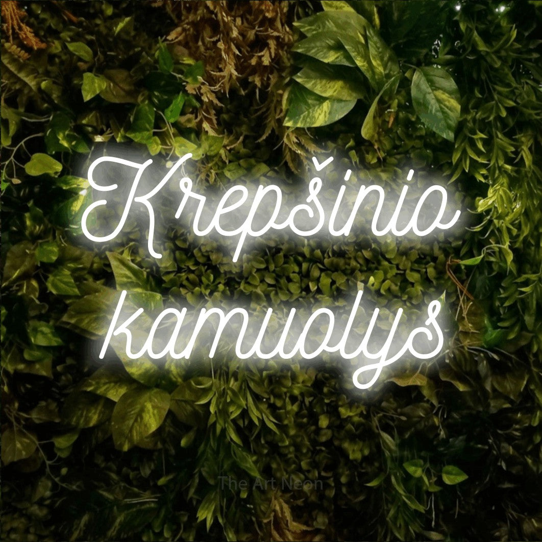 LED neon sign reading “Krepšinio kamuolys”, arranged in two lines.