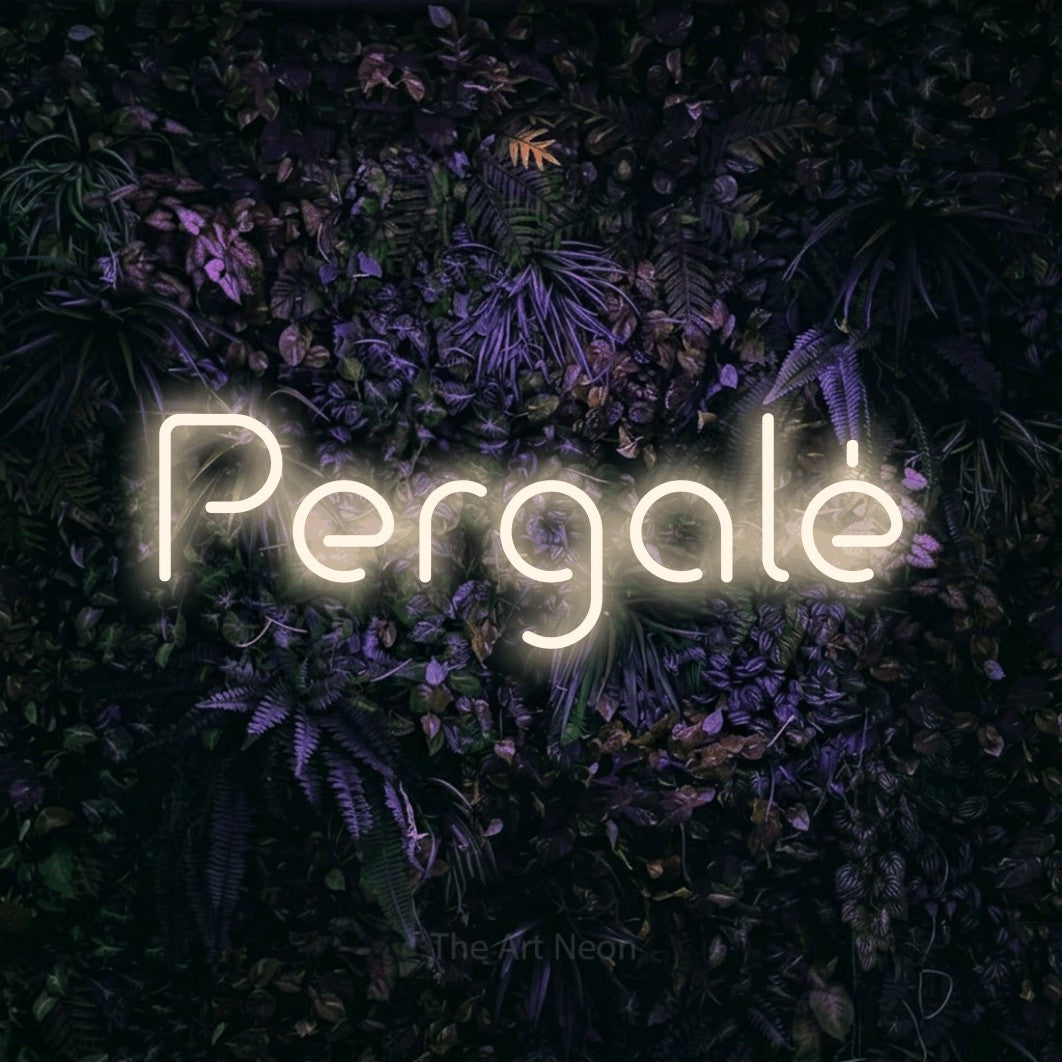 LED neon sign reading “Pergalė”, arranged in a single line.