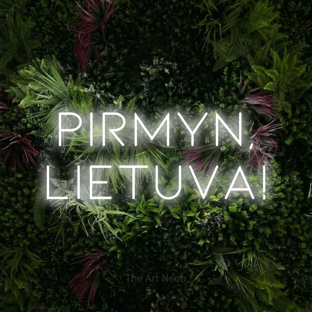LED neon sign reading “Pirmyn, Lietuva!”, arranged in two lines.