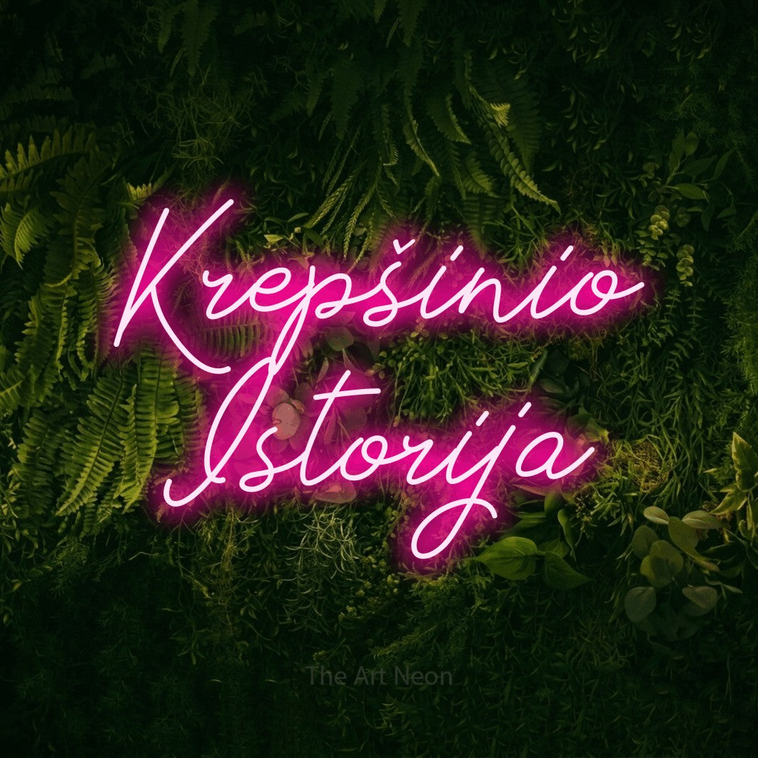 LED neon sign reading “Krepšinio Istorija”, arranged in two lines.