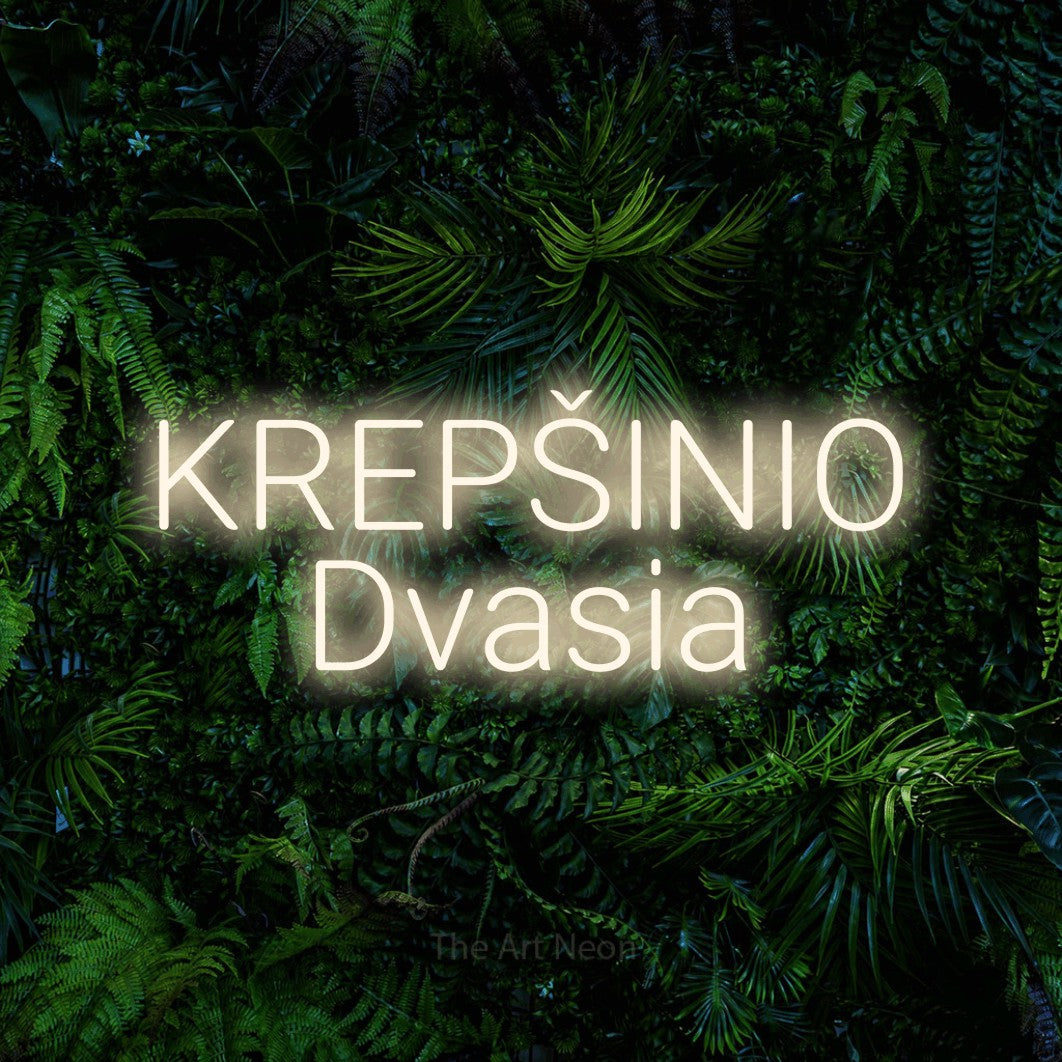 LED neon sign reading “KREPŠINIO Dvasia”, arranged in two lines.