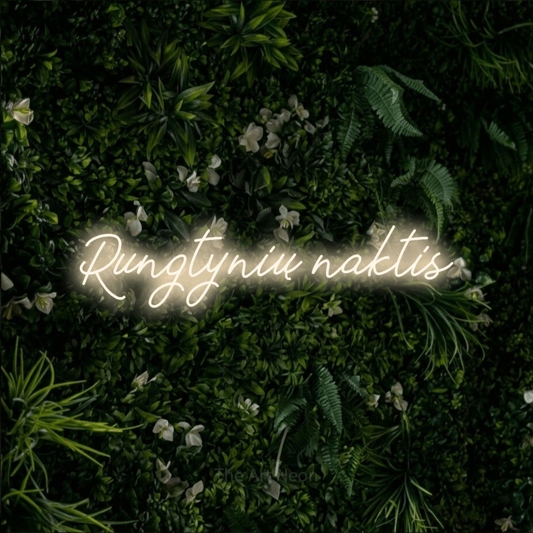 LED neon sign reading “Rungtynių naktis”, arranged in a single line.