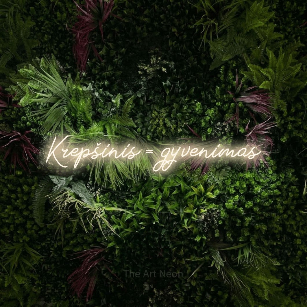 LED neon sign reading “Krepšinis = gyvenimas”, arranged in a single line.