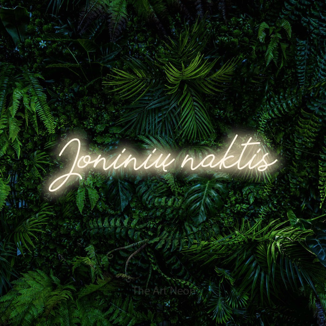 LED neon sign reading “Joninių naktis”, arranged in a single line.
